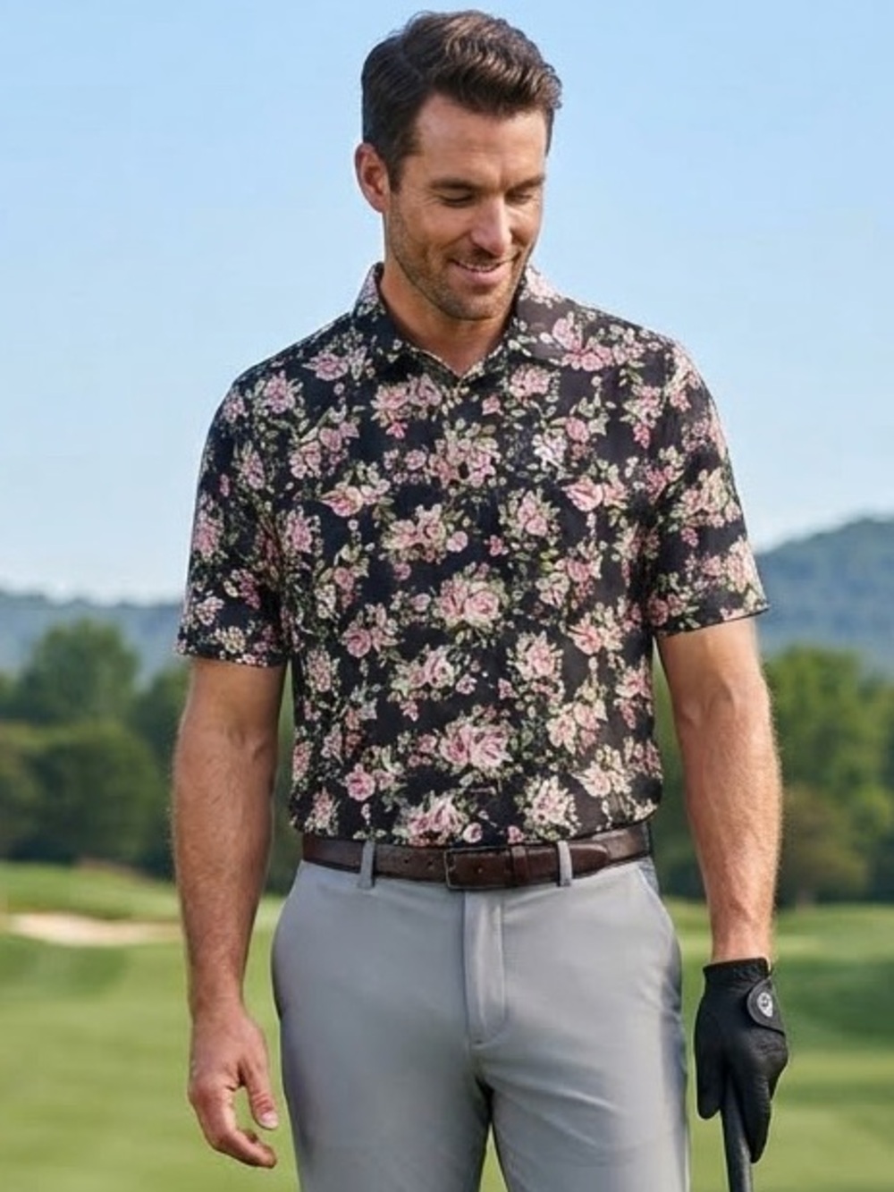 1764 Golf Mens Golf Floral Polo Athletic Top